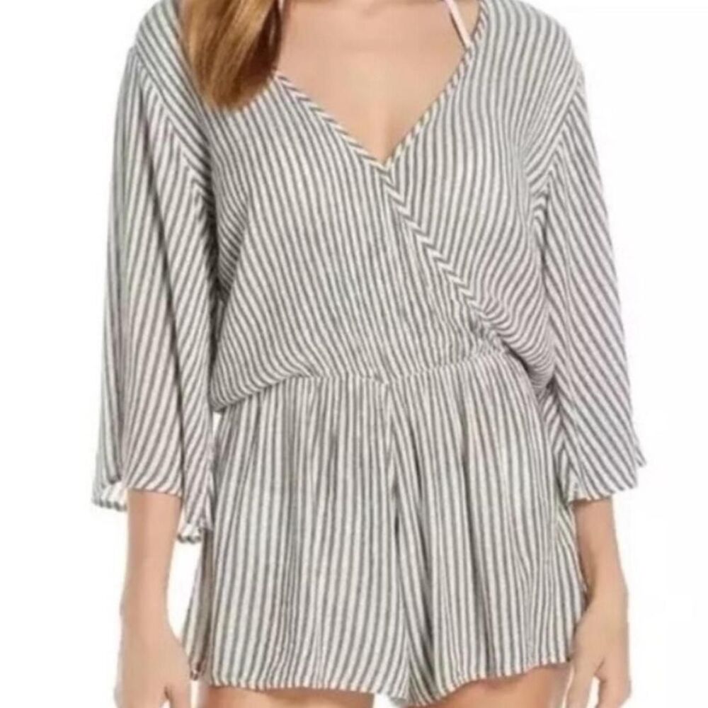 Elan Wrap Romper Swim Cover Up Charcoal White Stripe S NWT Resortwear